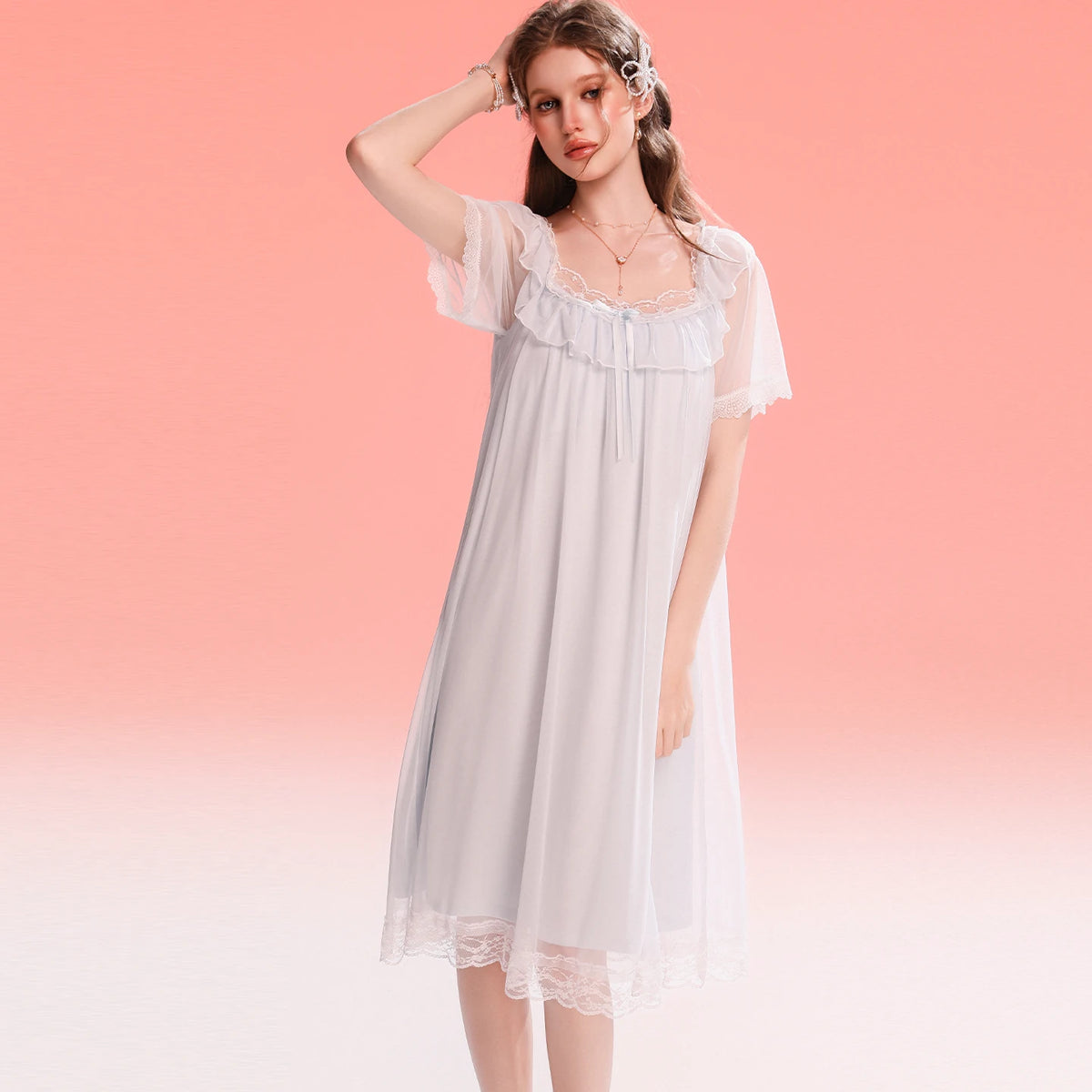 French-Inspired Vintage Camisole Nightgown with Lace Trim and Alluring Slit