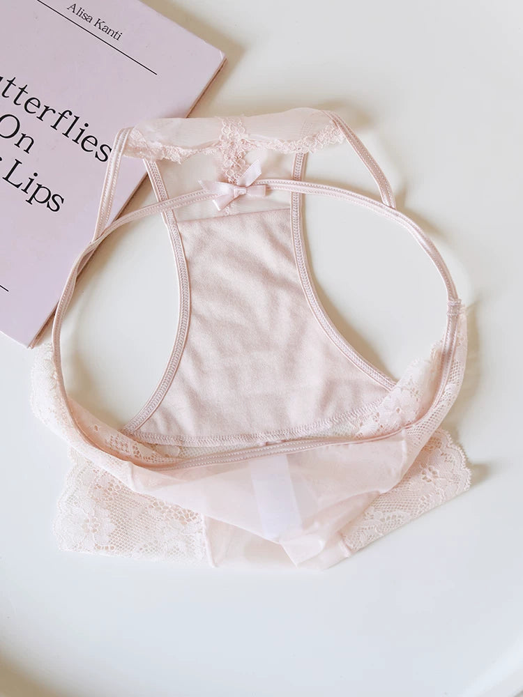 French-Inspired Vintage Mesh Panties with Bow Detail and Lace Trim