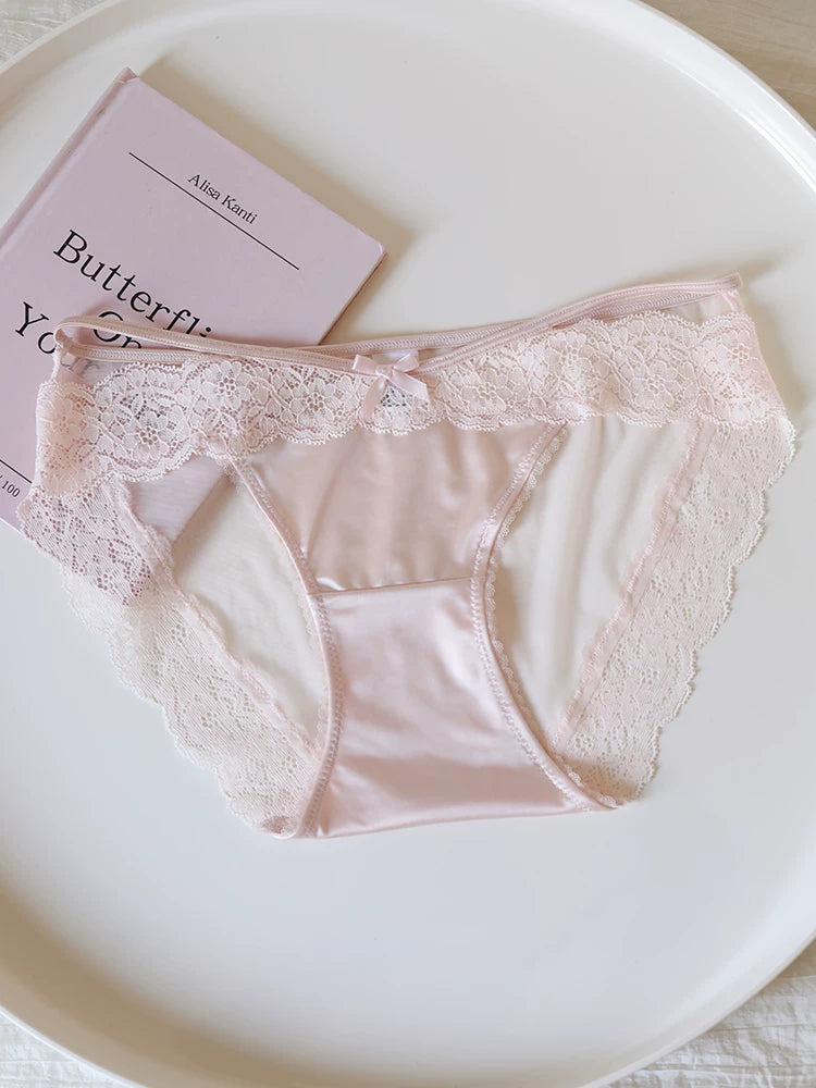 Luxury Satin Lace-Trimmed Low-Waist Briefs with Mesh and Cotton Crotch