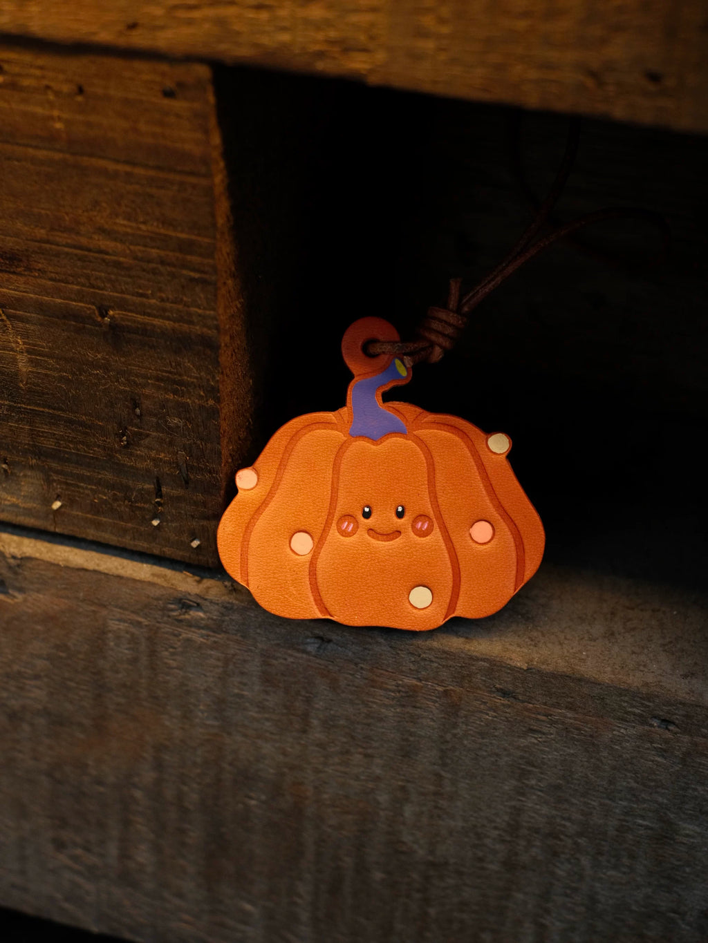 Cute Handmade Cowhide Leather Halloween Pumpkin Keychain Accessory