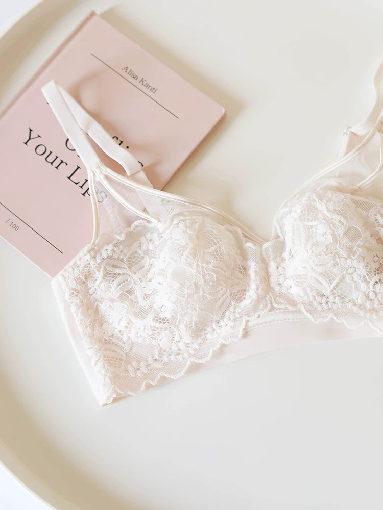 French-Inspired Pink Wireless Seamless Lace Bra with Bunny Ear Cups