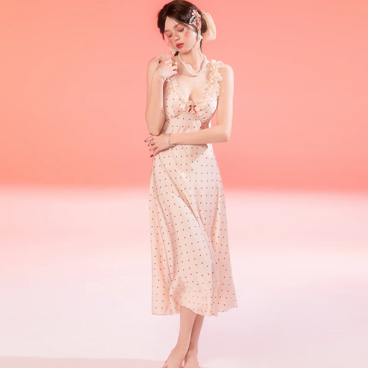 French-Inspired Vintage Camisole Nightdress with Lace Trim