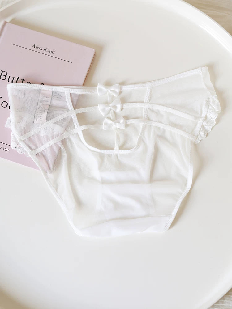 French-Inspired Vintage Mesh Panties with Bow Embroidery and Lace Trim