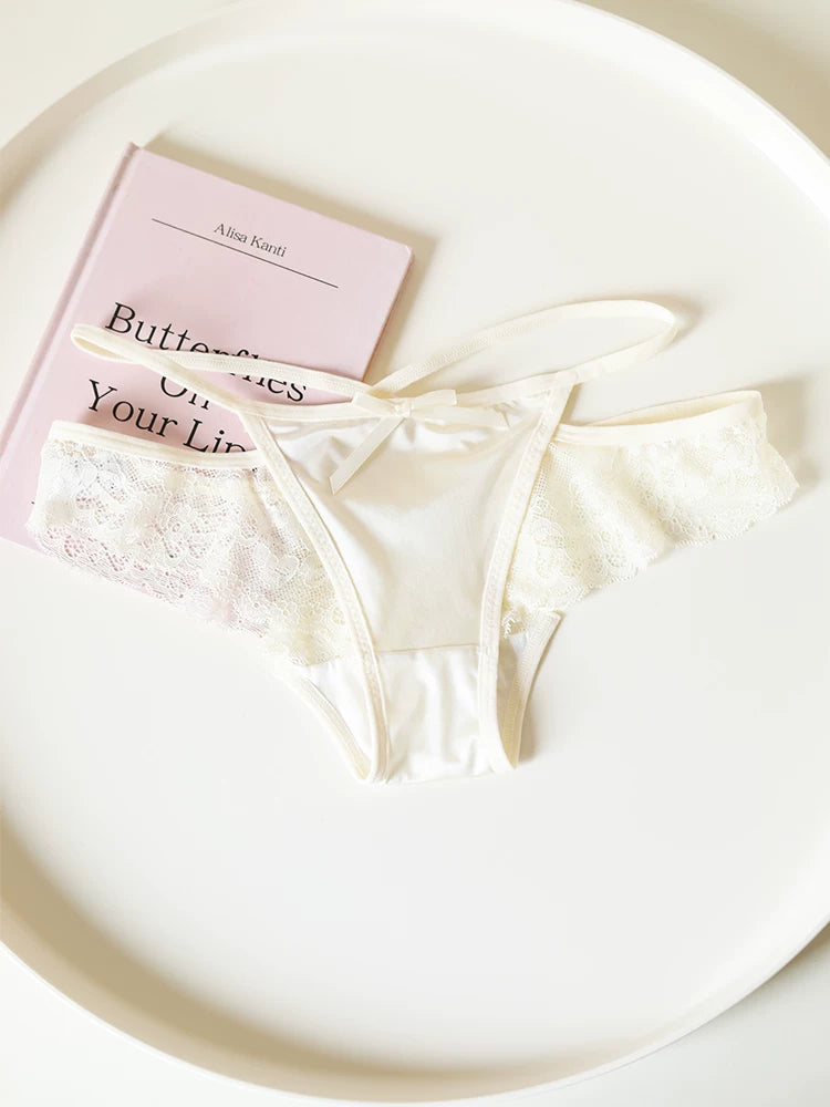 Women's Cross-Back Thong Panties with Bow and Lace Trim