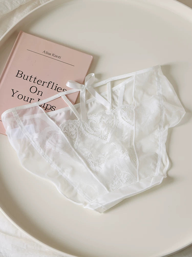 French-Inspired Vintage Panties with Bow Embroidery and Cutout Mesh