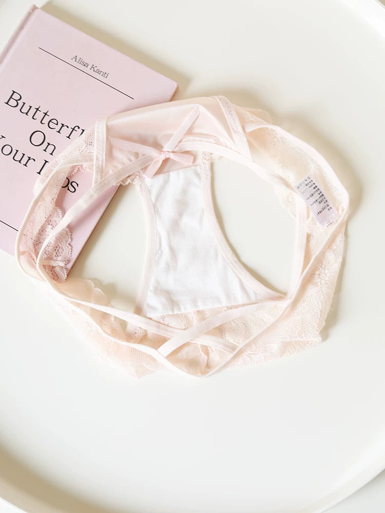 Women's Cross-Back Thong Panties with Bow and Lace Trim