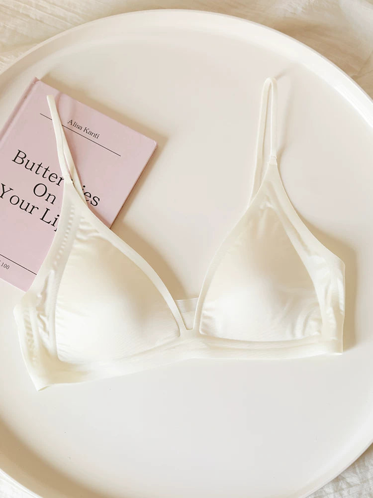 French-Inspired Seamless Satin Triangle Bra with Deep V and Thin Straps