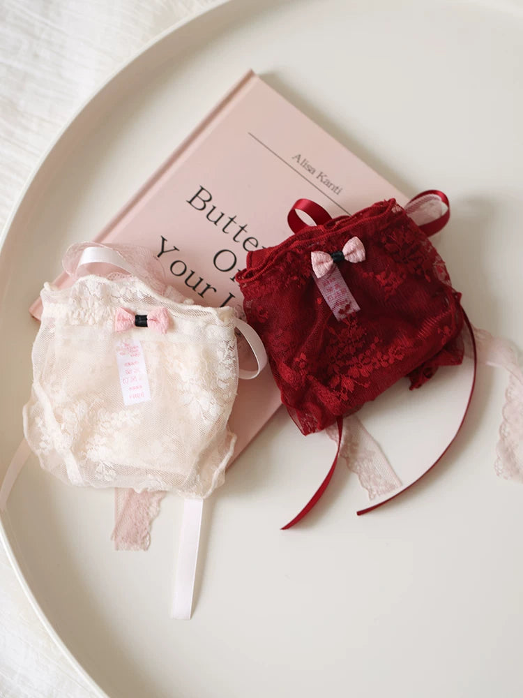 French-Inspired Low-Waist Sheer Mesh Panties with Ribbon Bow and Lace Trim