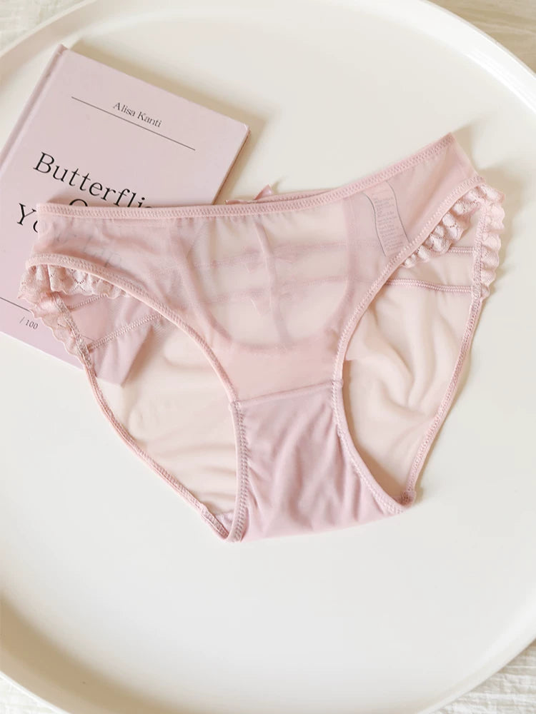 French-Inspired Vintage Mesh Panties with Bow Embroidery and Lace Trim