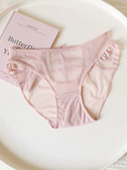French-Inspired Vintage Mesh Panties with Bow Embroidery and Lace Trim