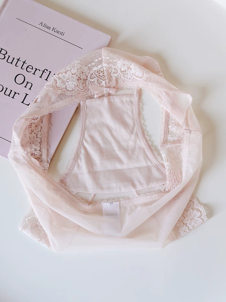 French-Inspired Floral Panties with Bow Embroidery and Lace Trim