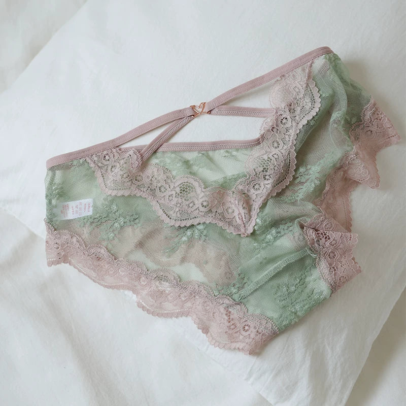 French-Inspired Lace Panties with Mesh Hollow-Out and Pure Cotton Crotch