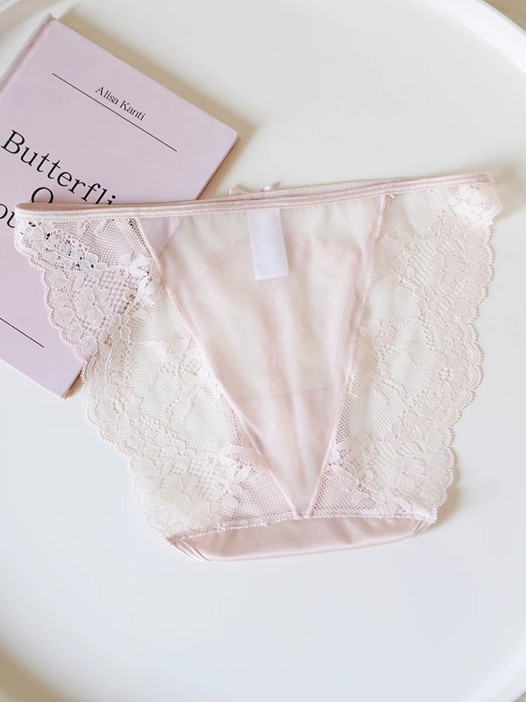 French-Inspired Vintage Mesh Panties with Bow Detail and Lace Trim