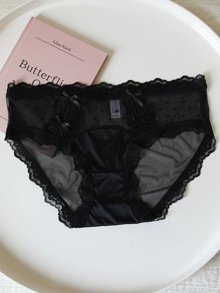 Polka Dot Mesh Satin Panties with Bow and Lace Trim