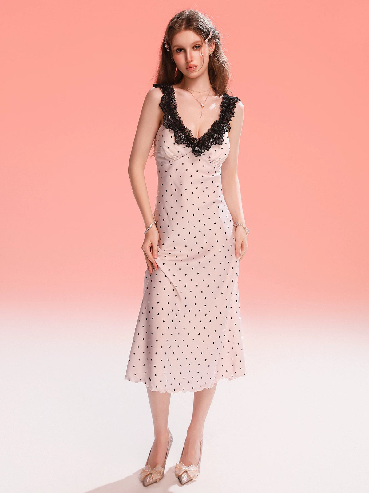 Women's French-Inspired Polka Dot Nightdress with Lace Trim