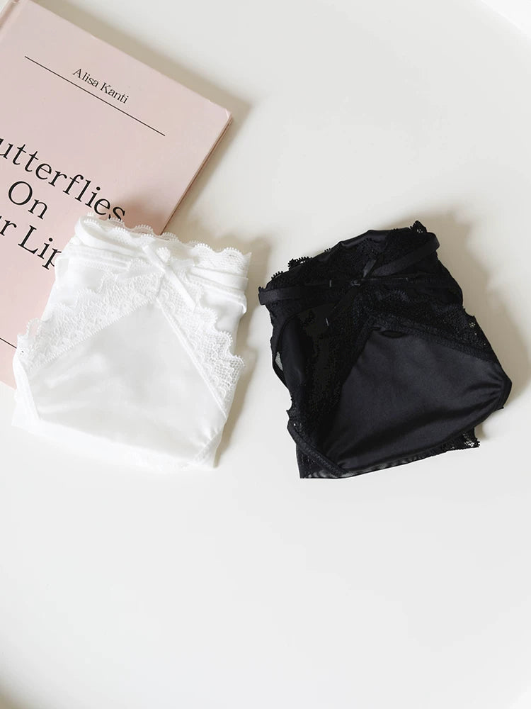 Lace-Trimmed Low-Waist Thong Panties with Thin Straps and Satin Mesh