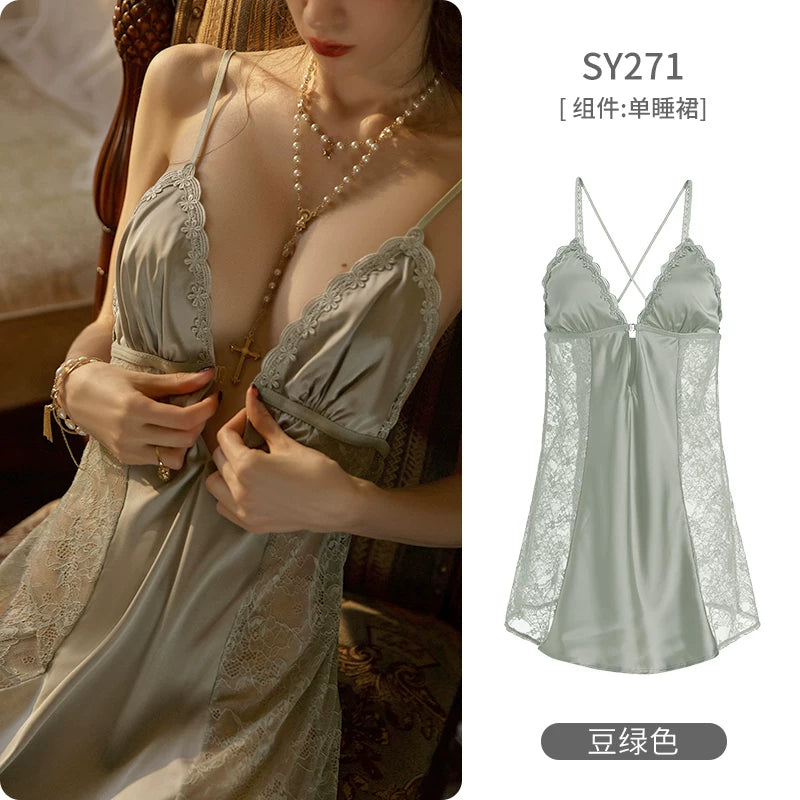 Women's Spaghetti Strap Slit Nightgown with Backless Design