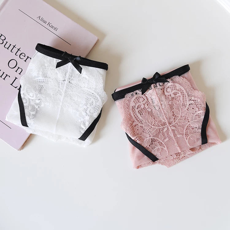 French-Inspired Low-Waist Mesh Panties with Bow and Lace Trim