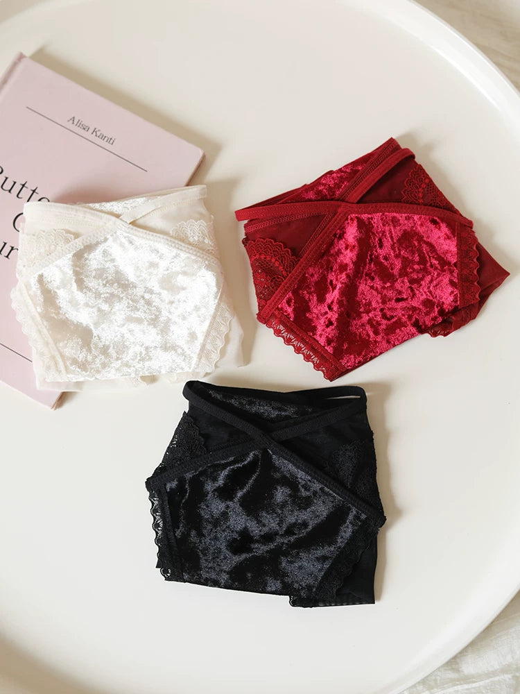 Velvet Mesh Lace Panties with Straps and Cotton Crotch