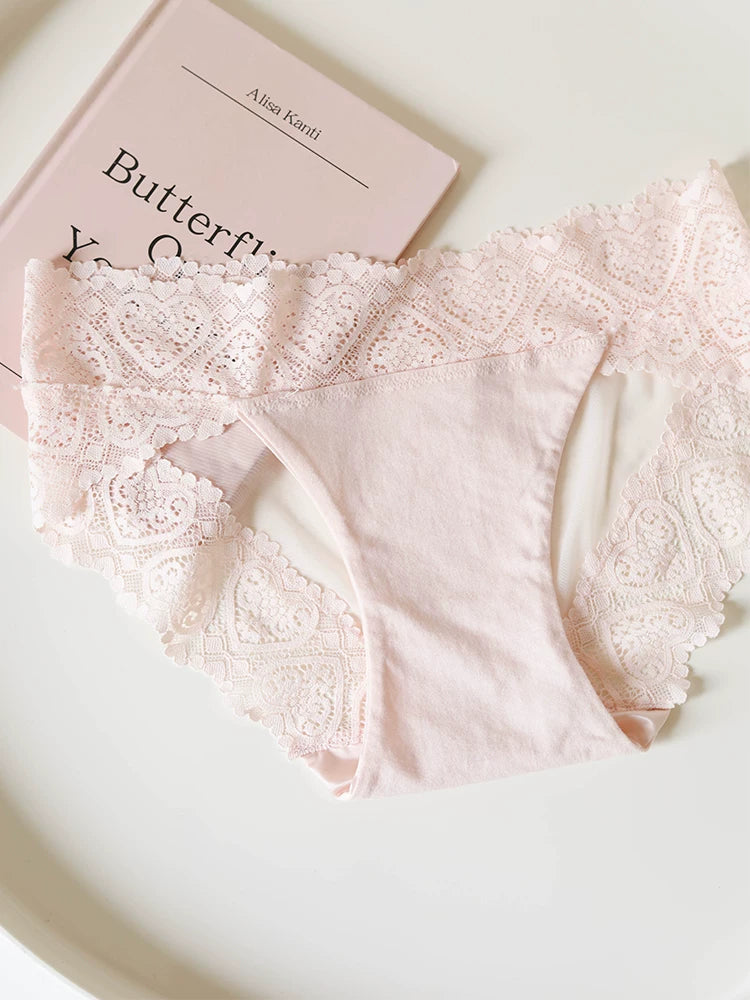 French-Inspired Satin Panties with Sweet Heart and Lace Trim