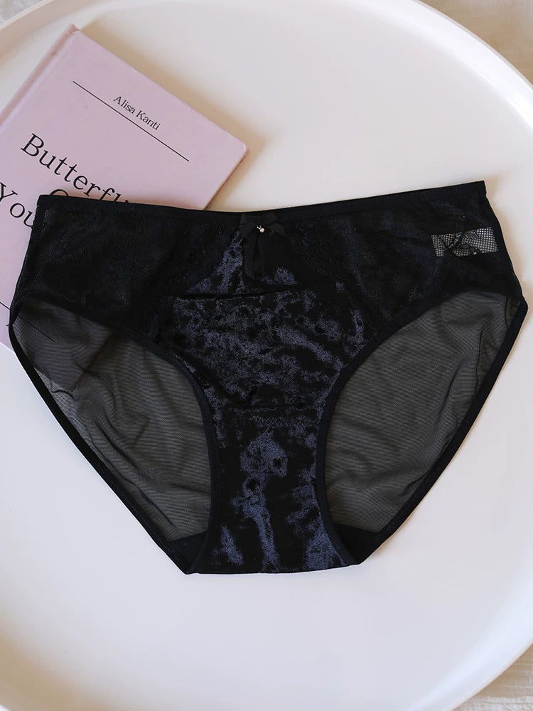 French-Inspired Vintage Mesh Panties with Velvet Bow and Lace Trim