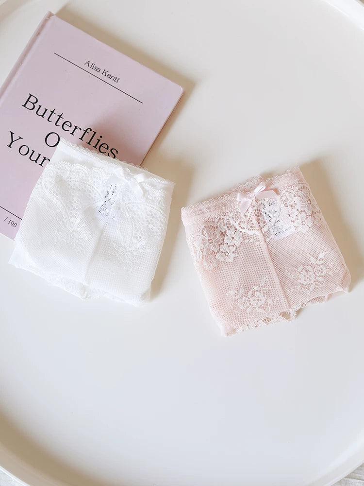 French-Inspired Floral Panties with Bow Embroidery and Lace Trim