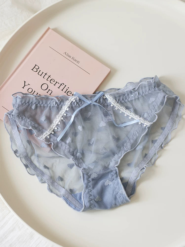 Sweet Heart-Shaped Mesh Panties with Bow and Lace Trim