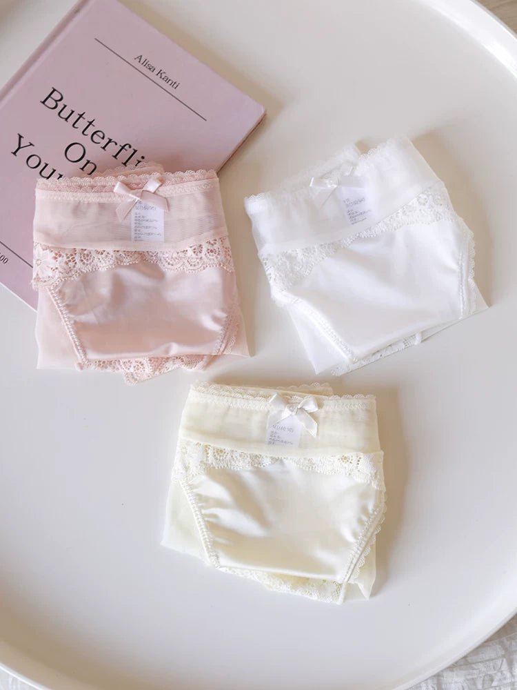 Luxury Low-Waist Satin Panties with Lace Mesh and Pure Cotton Crotch