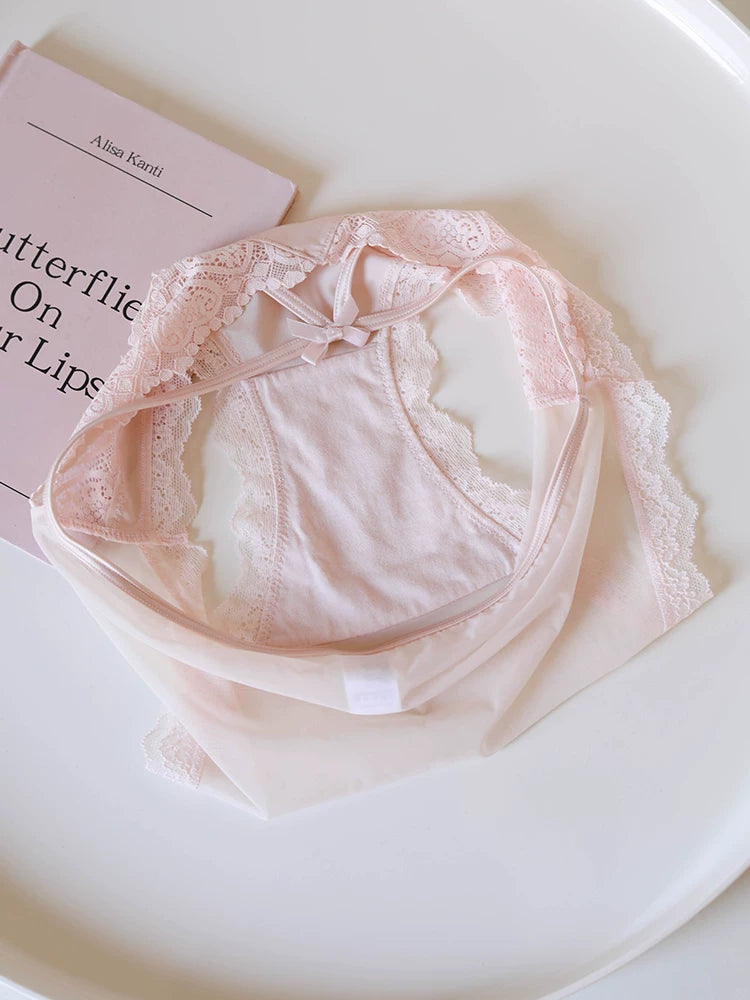 French-Inspired Vintage Panties with Bow Embroidery and Lace Trim