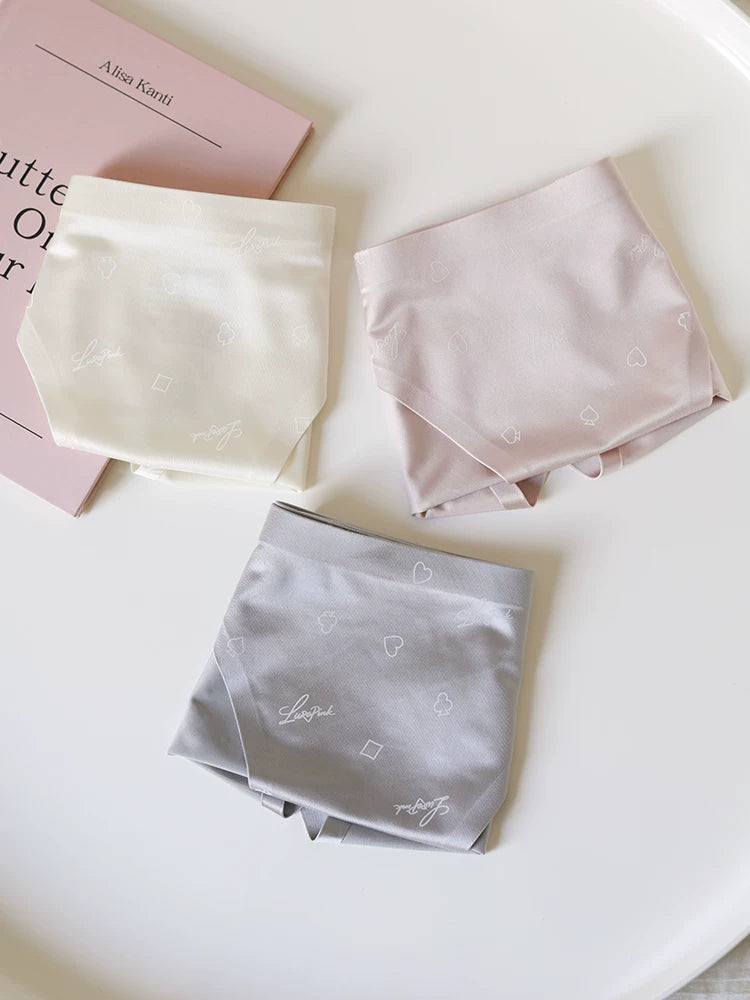 Floral Satin Ice Silk Seamless Briefs with Low-Rise Cut and Cotton Crotch