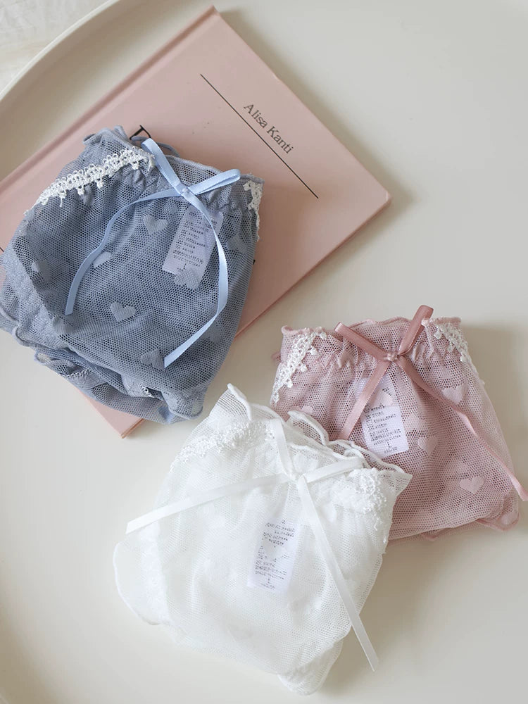 Sweet Heart-Shaped Mesh Panties with Bow and Lace Trim