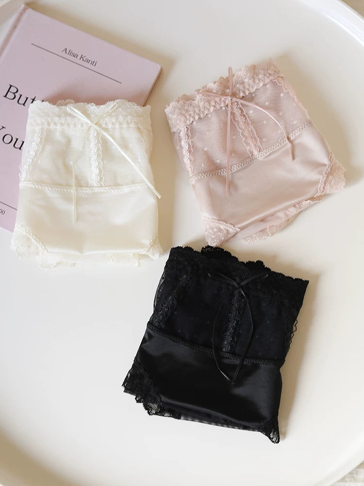 French-Inspired Luxury Silky Satin Panties with Bow and Lace Trim