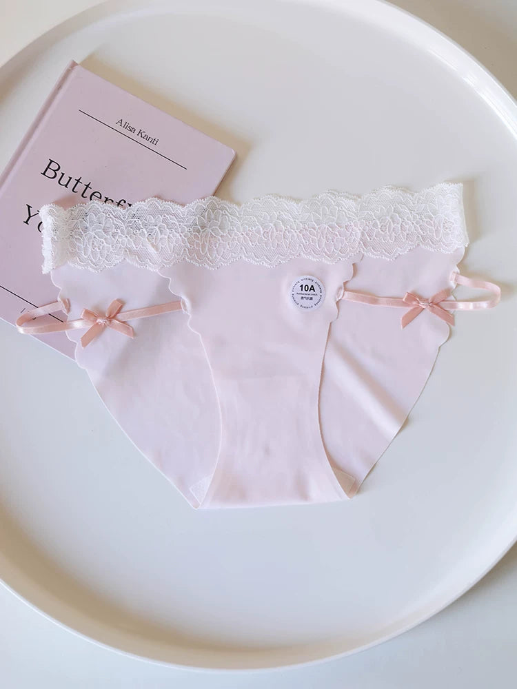Seamless Ice Silk Panties with Bow and Lace Trim