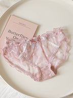 Sweet Heart-Shaped Mesh Panties with Bow and Lace Trim