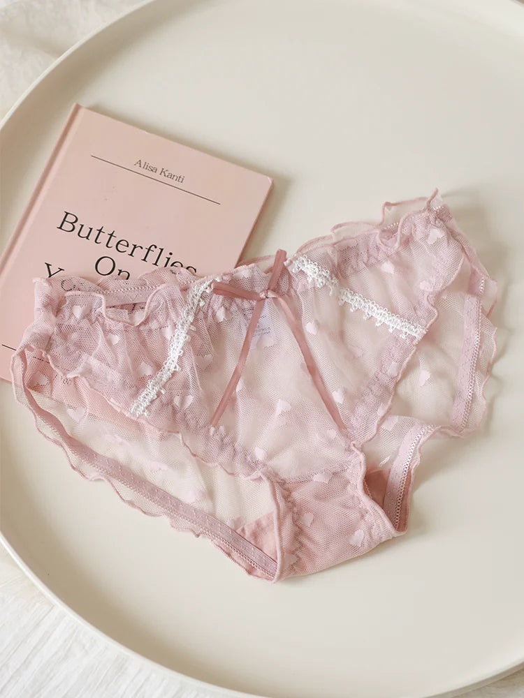 Sweet Heart-Shaped Mesh Panties with Bow and Lace Trim