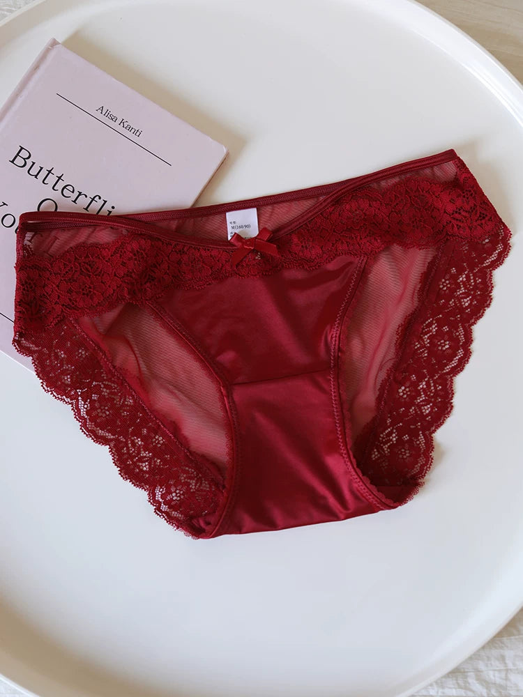 Luxury Satin Lace-Trimmed Low-Waist Briefs with Mesh and Cotton Crotch