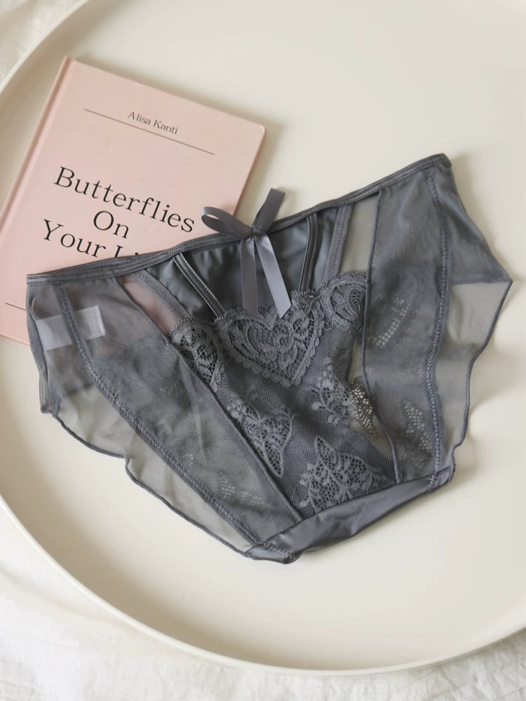 French-Inspired Vintage Panties with Bow Embroidery and Cutout Mesh