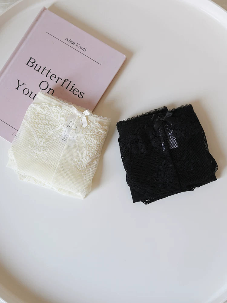 French-Inspired Floral Panties with Bow Embroidery and Lace Trim