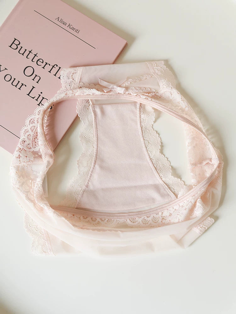 French-Inspired Vintage Mesh Panties with Bow and Lace Trim
