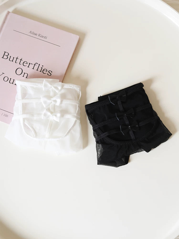 French-Inspired Vintage Mesh Panties with Bow Embroidery and Lace Trim