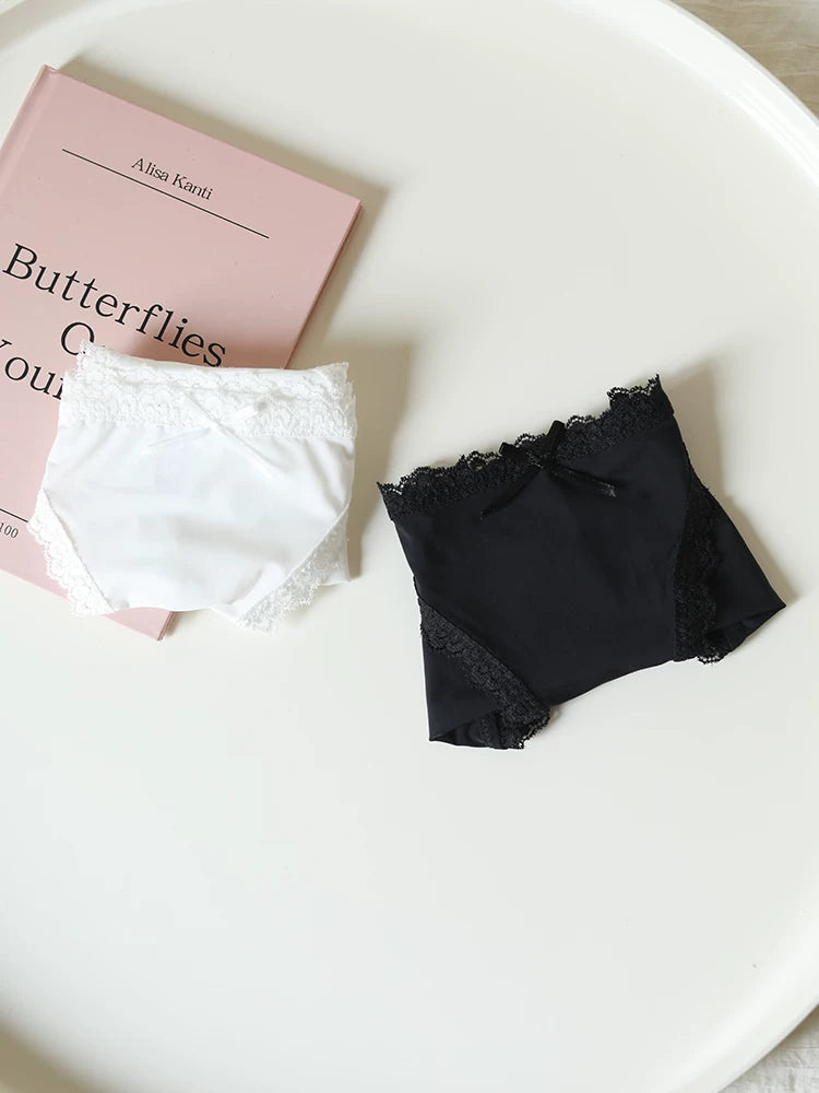 Low-Waist Ice Silk Panties with Bow Tie String and Lace Trim