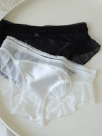 French-Inspired Vintage Bow-Knot Satin Panties with Mesh and Lace Trim