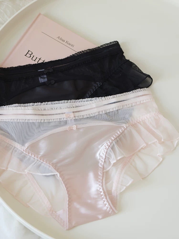 French-Inspired Vintage Bow-Knot Satin Panties with Mesh and Lace Trim