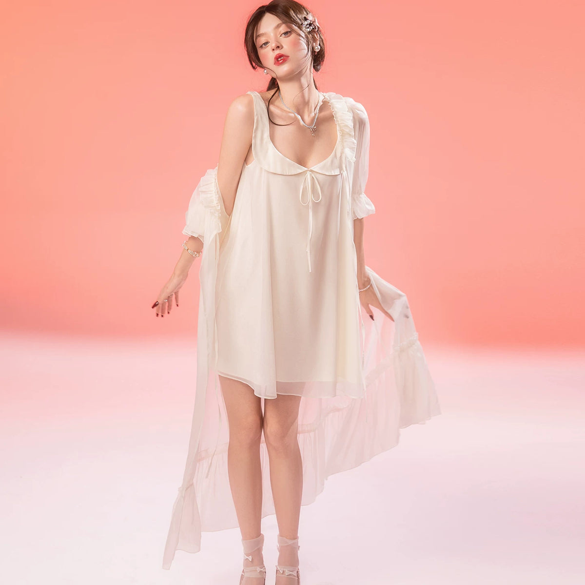 French-Inspired Vintage Mesh Nightdress with Doll Collar and Gauze Trim