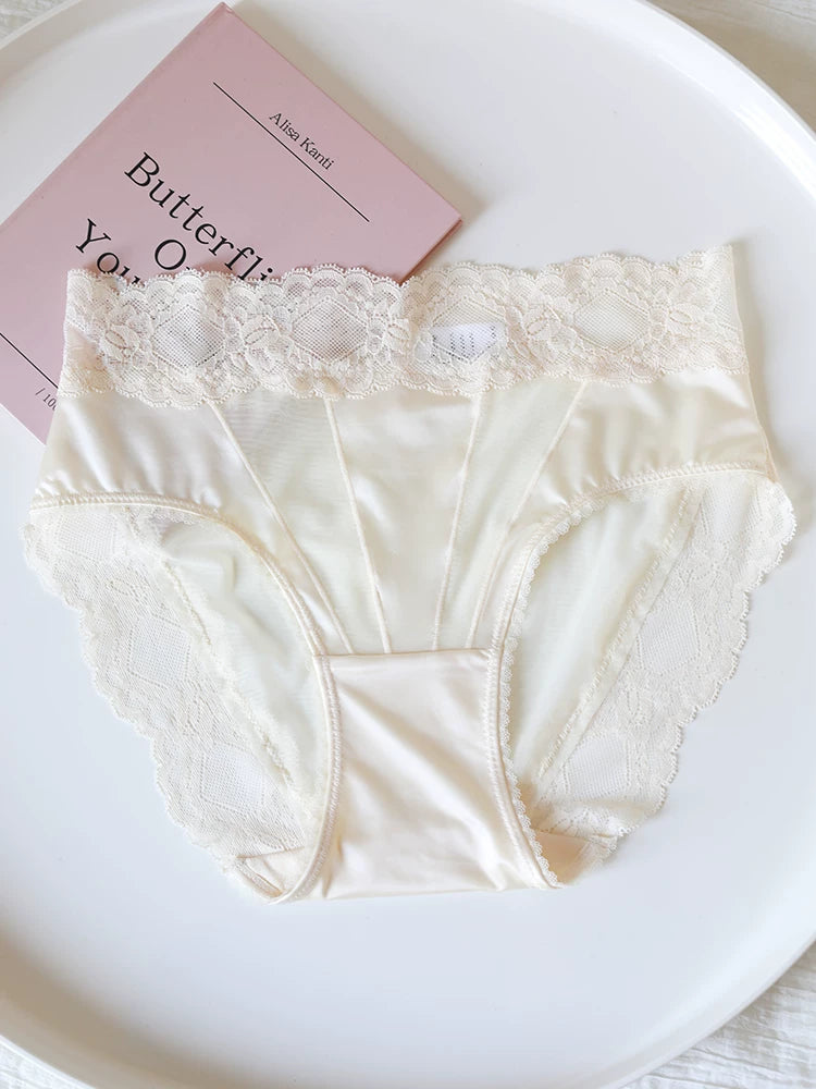Luxurious Mid-Waist Transparent Mesh Panties with Lace Trim and Cotton Crotch