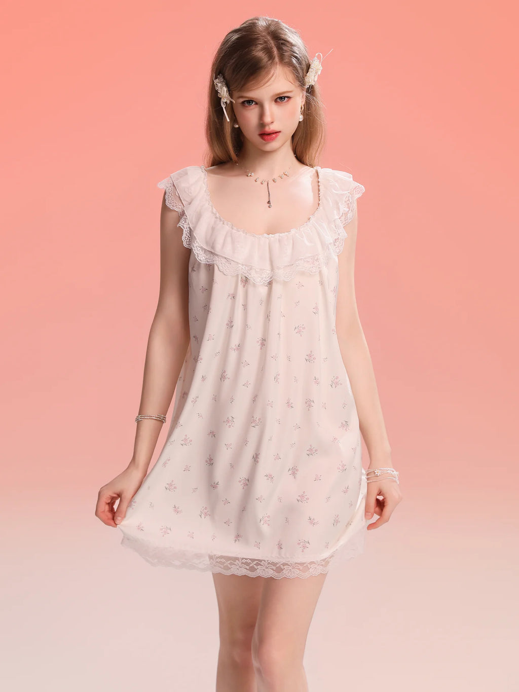 French-Inspired Vintage Camisole Nightgown with Lace Trim and Alluring Slit
