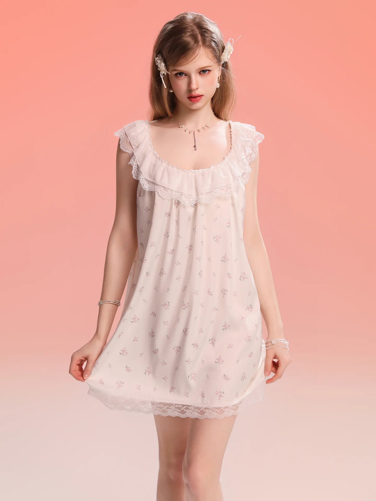 French-Inspired Vintage Camisole Nightgown with Lace Trim and Alluring Slit