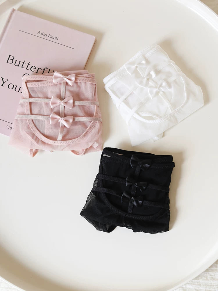 French-Inspired Vintage Mesh Panties with Bow Embroidery and Lace Trim