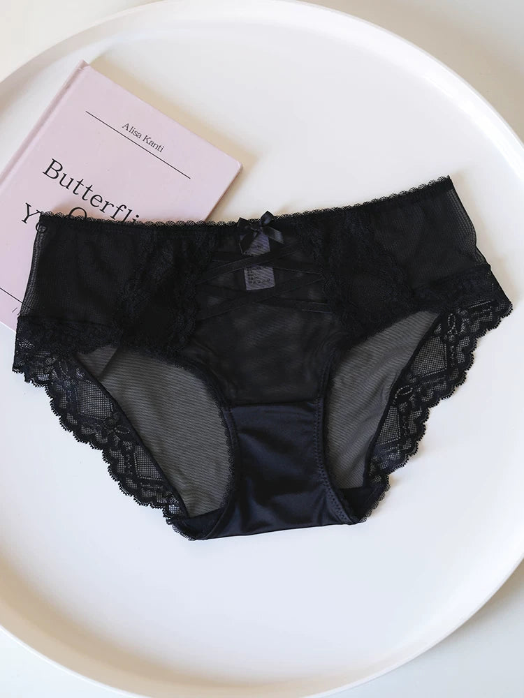 French-Inspired Vintage Mesh Panties with Bow and Lace Trim