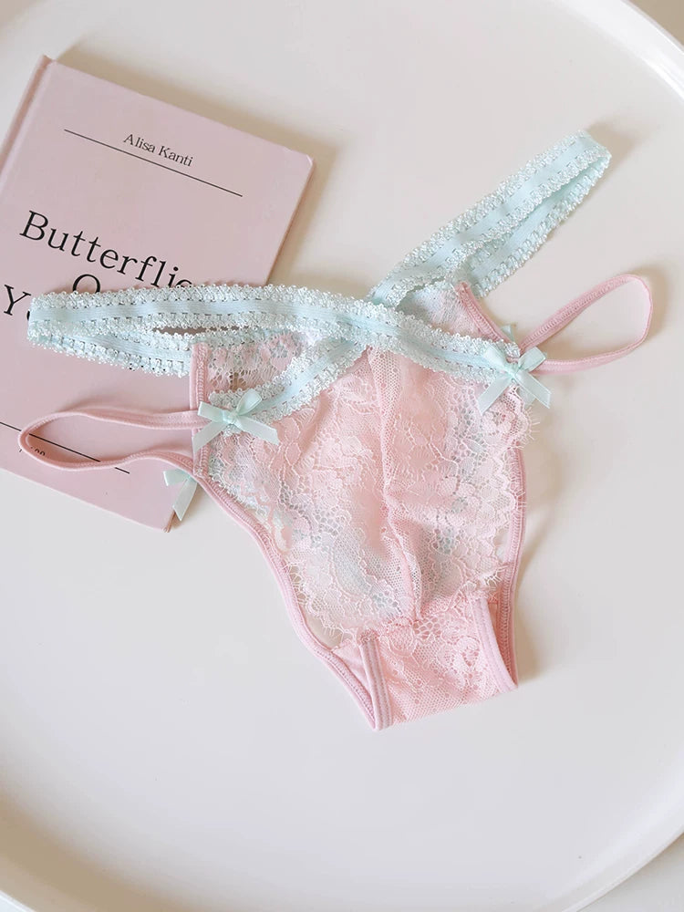Eyelash Lace Cross-Strap Triangle Panties with Contrasting Colors
